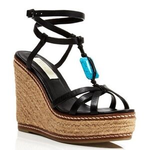 Lauren Ralph Lauren Shana Black Leather Platform Espadrille Wedge